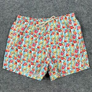 Happy Hour Peach Print Swim Trunks Mens Large Blue Novelty Beach Shorts